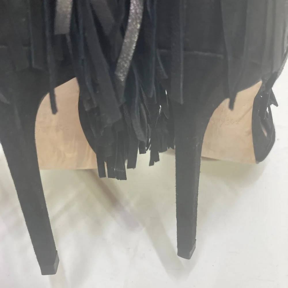 Zara Basic‎ Collection Black Suede Fringe Tassel Lace Up Stiletto Heels Size 38